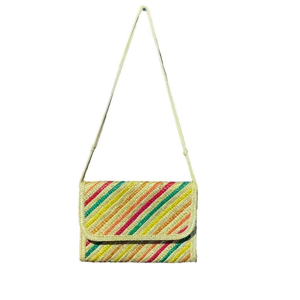 Vintage Colorful Striped Woven Straw Crossbody Clutch Purse Made In Hong Kong